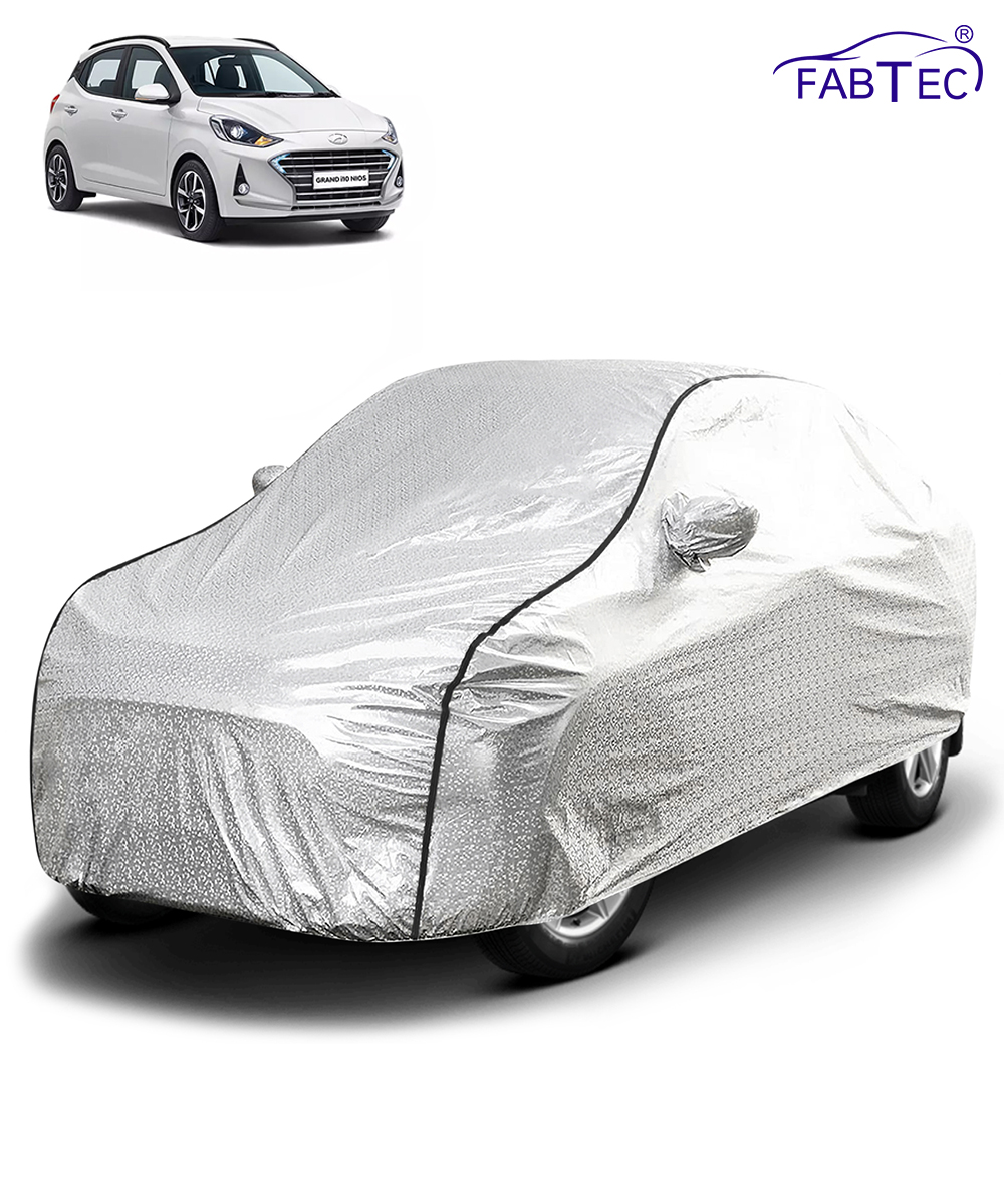 FABTEC - Metallic Silver Black Border Waterproof Car Body Cover for Hyundai Grand I10 Nios