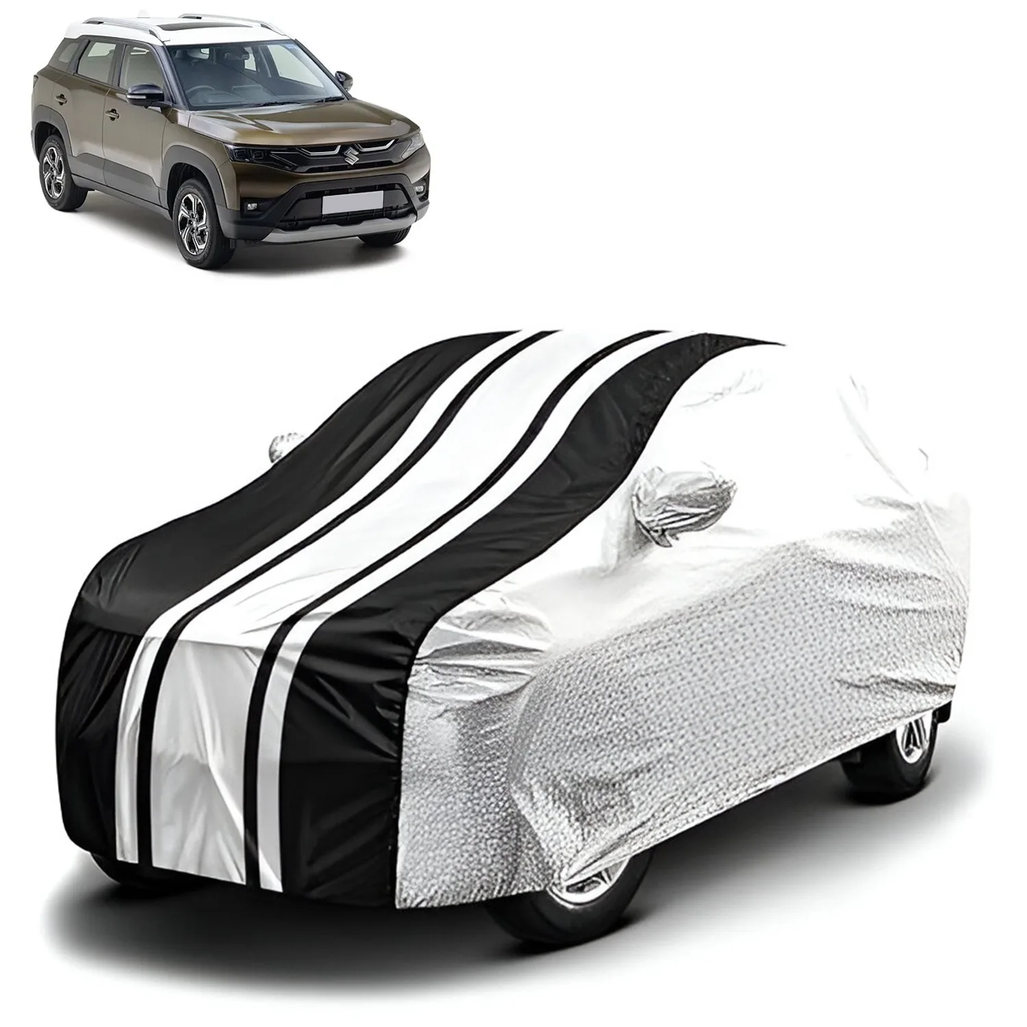 FABTEC - Metallic Silver & Black Stripes Waterproof Car Body Cover for Maruti Suzuki Brezza