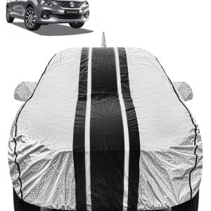 FABTEC - Metallic Silver & Black Stripes Waterproof Car Body Cover for Maruti Suzuki Baleno New