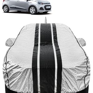 FABTEC - Metallic Silver & Black Stripes Waterproof Car Body Cover for Hyundai Grandi10