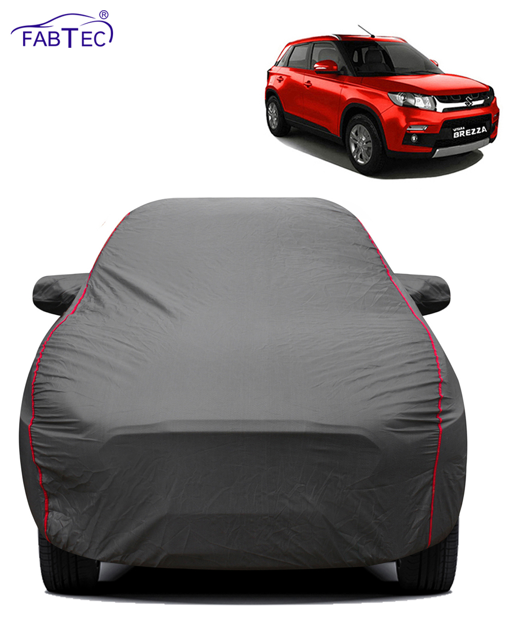 FABTEC - 2x2 Heavy Duty Red Border Car Body Cover for Maruti Suzuki Brezza 2015