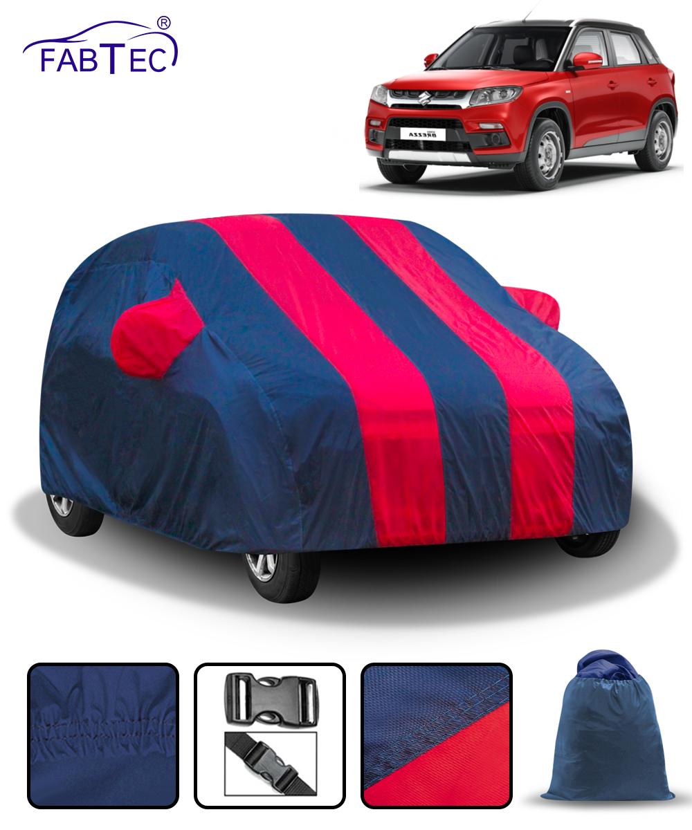 FABTEC - Red & Blue Stylish Stripes Car Body Cover for Maruti Suzuki Brezza