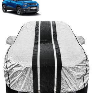 FABTEC - Metallic Silver & Black Stripes Waterproof Car Body Cover for Tata Punch