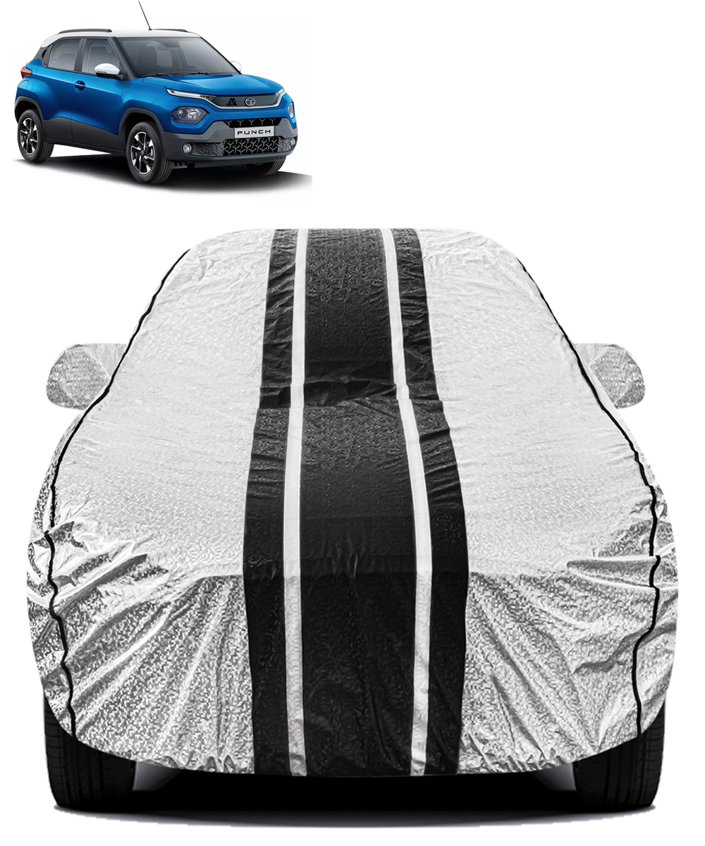 FABTEC - Metallic Silver & Black Stripes Waterproof Car Body Cover for Tata Punch