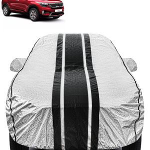 FABTEC - Metallic Silver & Black Stripes Waterproof Car Body Cover for Kia Seltos