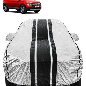 FABTEC - Metallic Silver & Black Stripes Waterproof Car Body Cover for Hyundai Venue