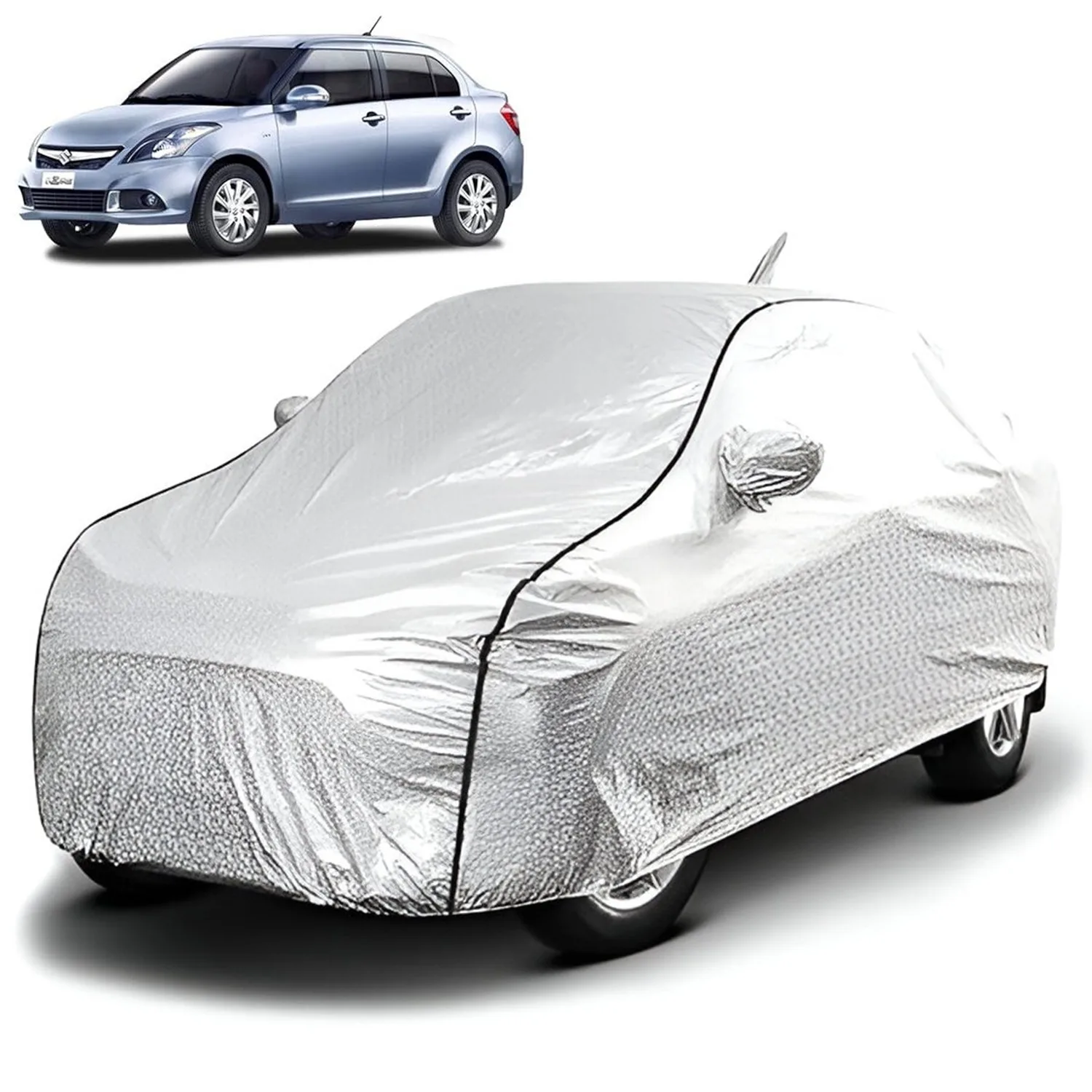 FABTEC - Metallic Silver Black Border Waterproof Car Body Cover for Maruti Suzuki Dzire 2012