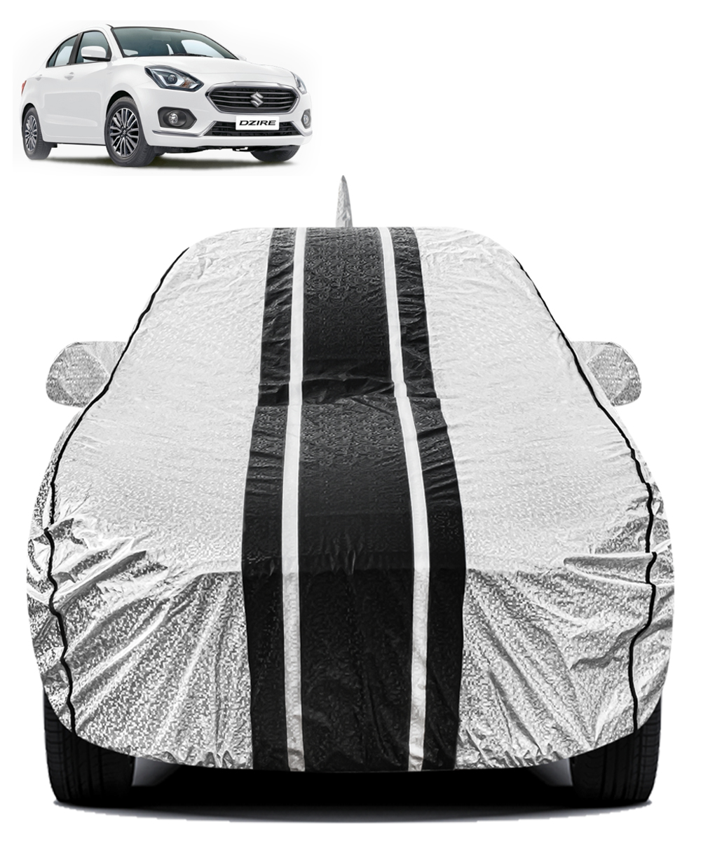 FABTEC - Metallic Silver & Black Stripes Waterproof Car Body Cover for Maruti Suzuki Dzire New