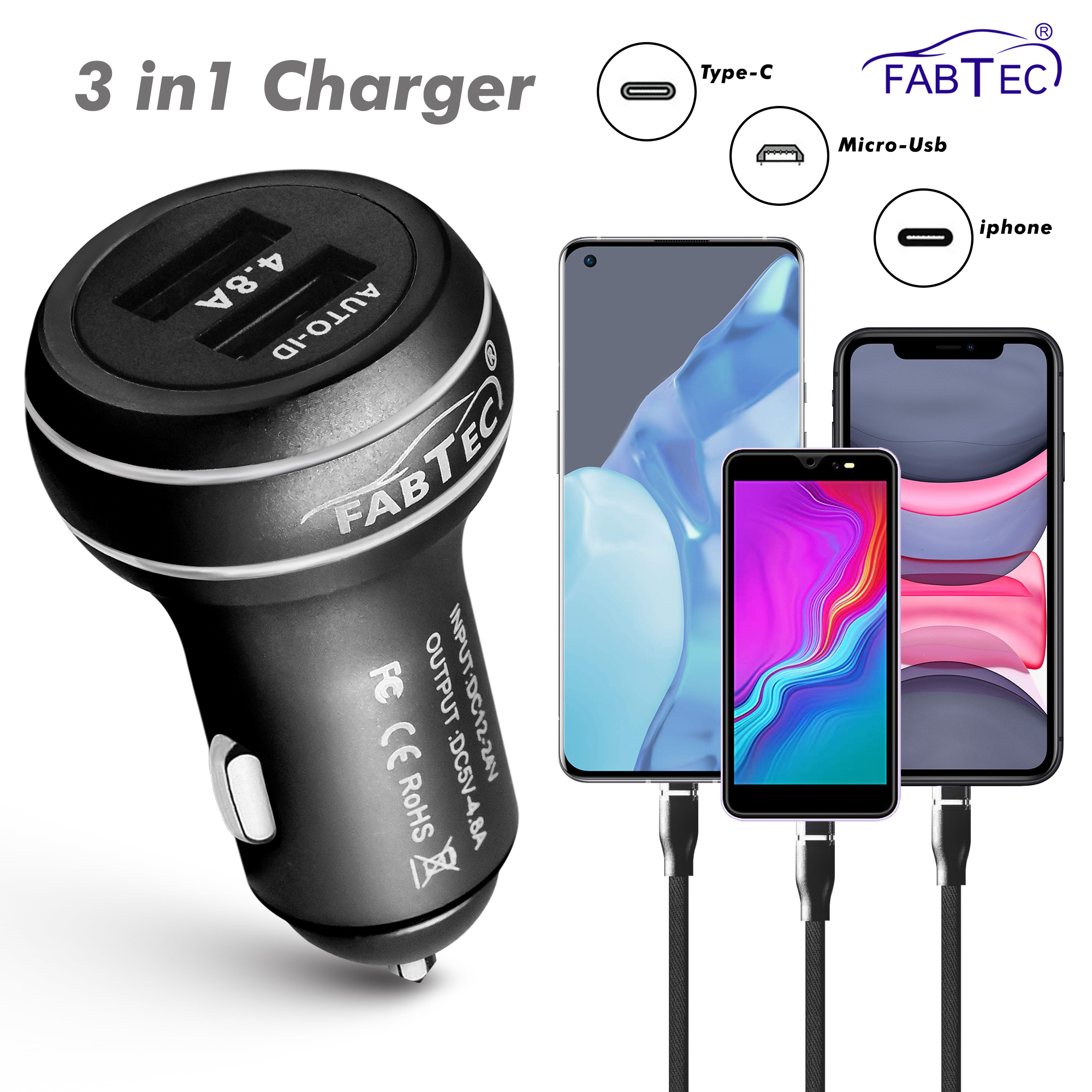 FABTEC - Fast Charging Dual Port Smart Rapid Car Mobile Charger