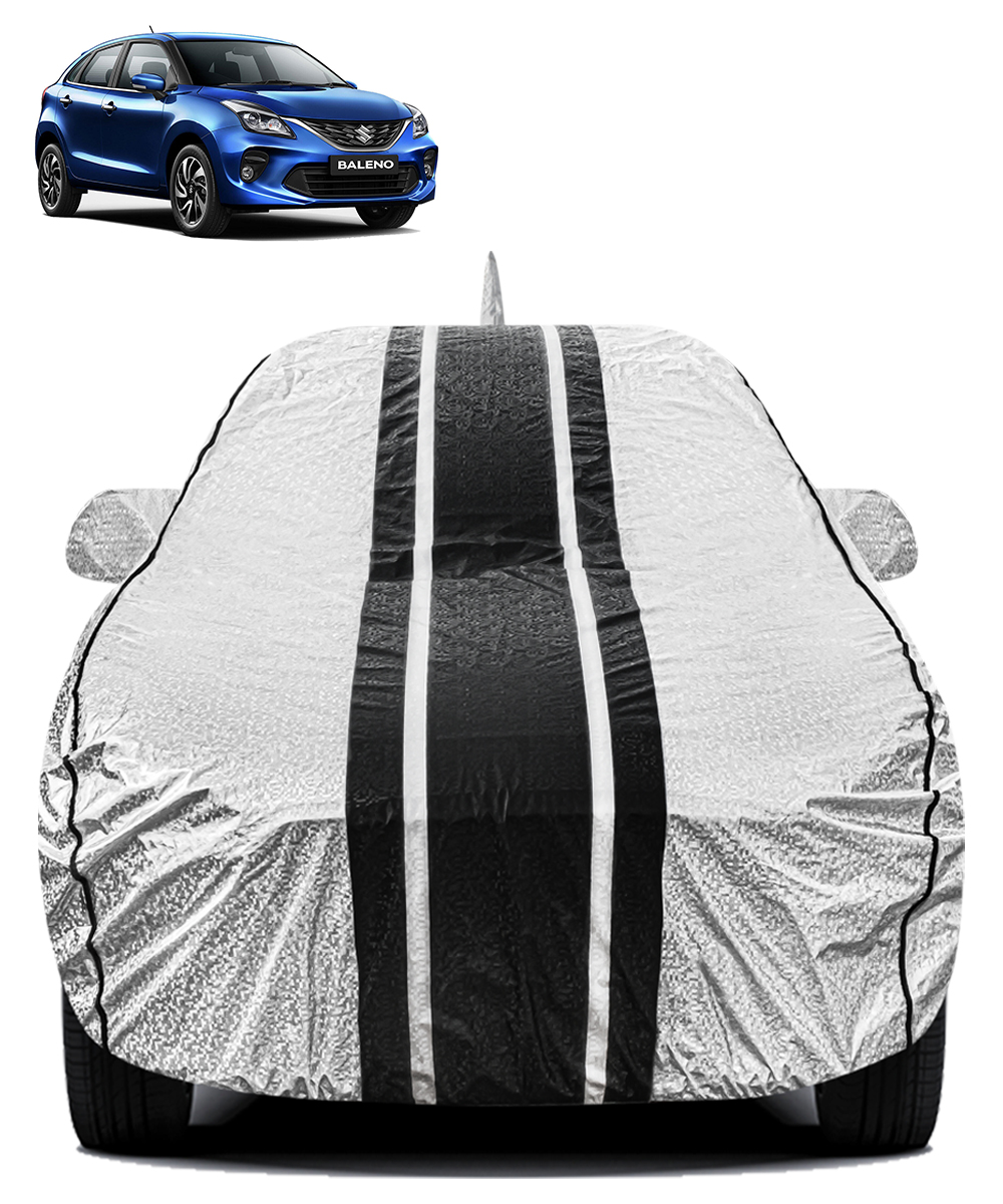 FABTEC - Metallic Silver & Black Stripes Waterproof Car Body Cover for Maruti Suzuki Baleno Old