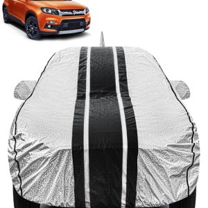 FABTEC - Metallic Silver & Black Stripes Waterproof Car Body Cover for Maruti Suzuki Brezza