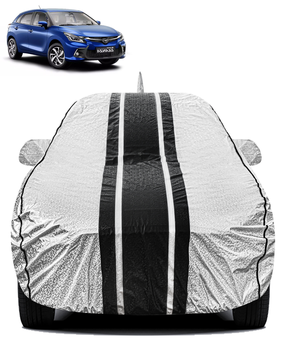 FABTEC - Metallic Silver & Black Stripes Waterproof Car Body Cover for Toyota Glanza
