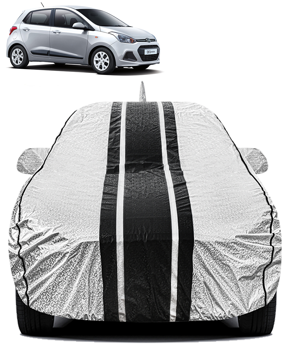 FABTEC - Metallic Silver & Black Stripes Waterproof Car Body Cover for Hyundai Grandi10