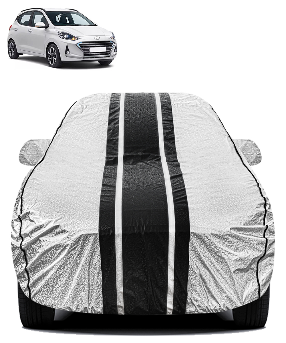 FABTEC - Metallic Silver & Black Stripes Waterproof Car Body Cover for Hyundai Grand i10 Nios
