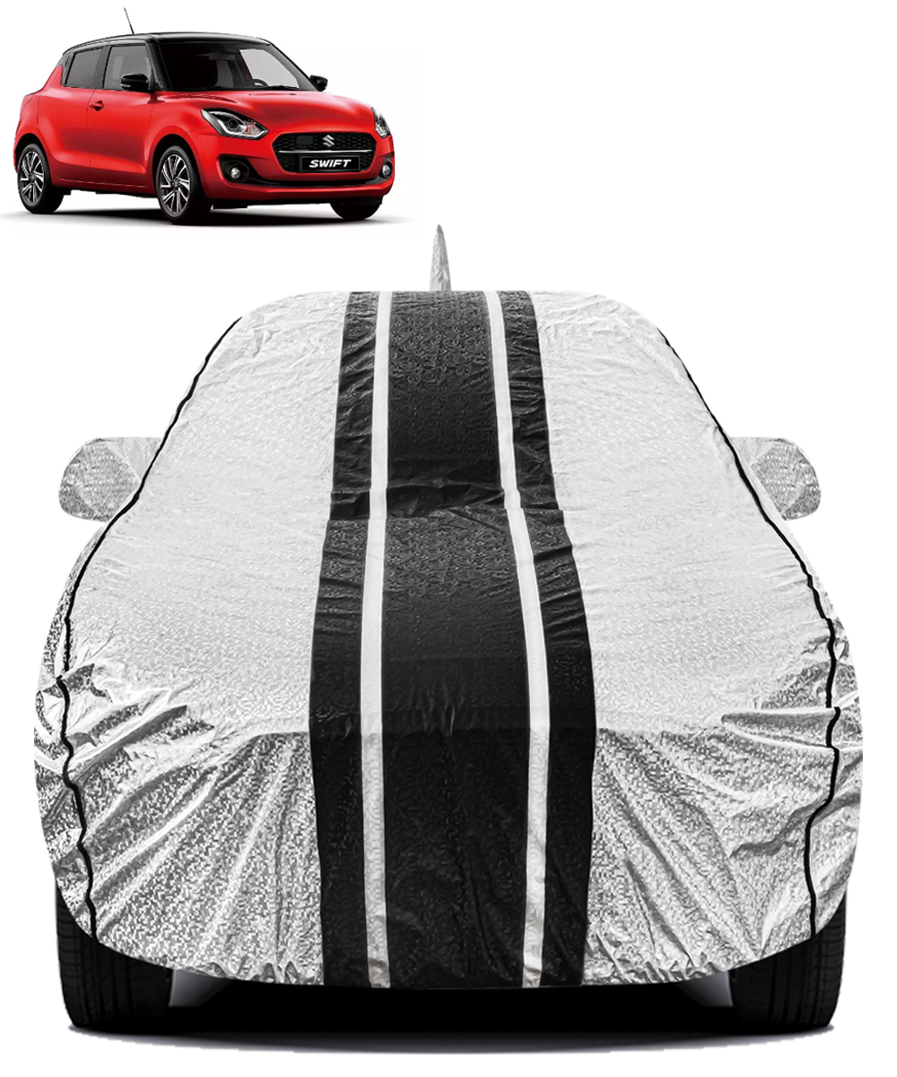 FABTEC - Metallic Silver & Black Stripes Waterproof Car Body Cover for Maruti Suzuki Swift New