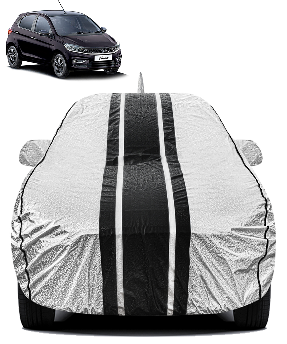 FABTEC - Metallic Silver & Black Stripes Waterproof Car Body Cover for Tata Tiago
