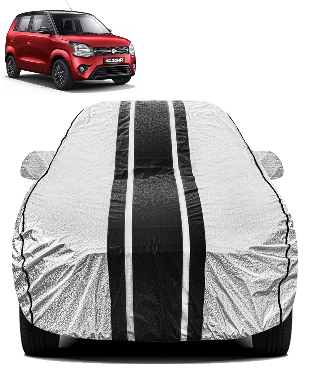 FABTEC - Metallic Silver & Black Stripes Waterproof Car Body Cover for Maruti Suzuki WagonR