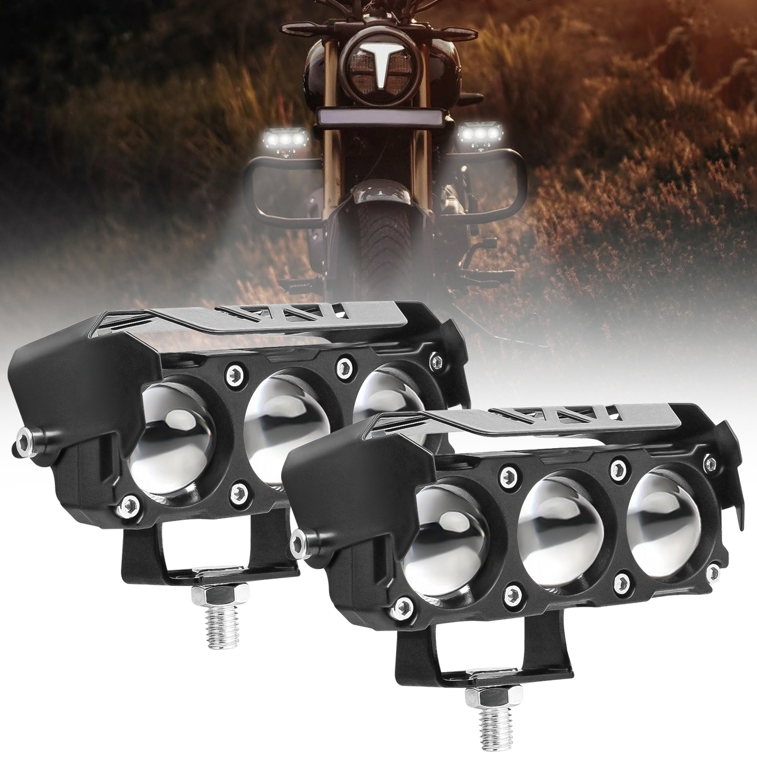 FABTEC 3 Eye Led Mini Drive Fog Light Projector Bar Light with White/Yellow Led DRL Light for Cars, Bikes, Scooty Metal Body with Turn On/Off Switch, Set of 2 Pcs