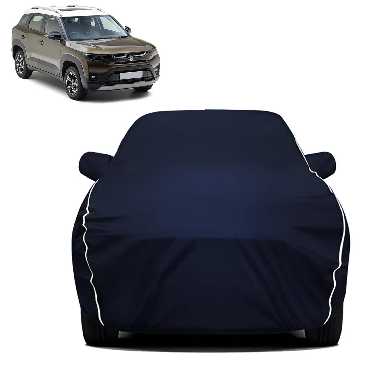 Fabtec Waterproof Car Body Cover for Maruti Suzuki Brezza  with Mirror Pocket, Triple Stitched and Soft Cotton Lining (Metallic Blue with White Piping)