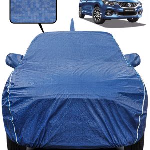 Fabtec Waterproof Car Body Cover for Maruti Suzuki Baleno New with Mirror And Antenna Pocket, Triple Stitched and Soft Cotton Lining (Metallic Blue with White Piping)