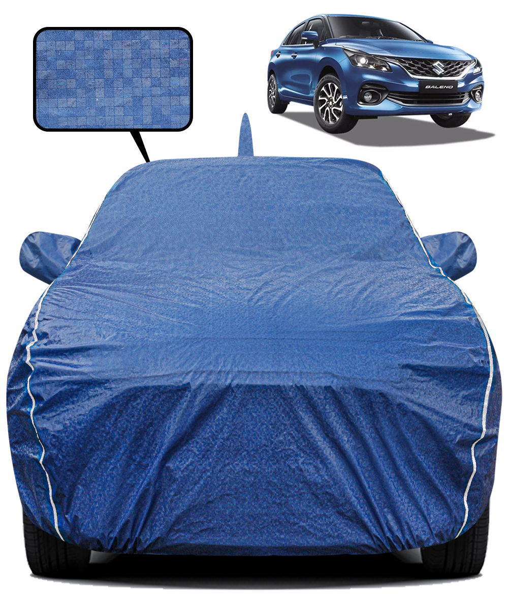 Fabtec Waterproof Car Body Cover for Maruti Suzuki Baleno New with Mirror And Antenna Pocket, Triple Stitched and Soft Cotton Lining (Metallic Blue with White Piping)
