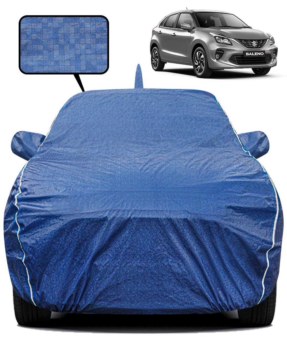 Fabtec Waterproof Car Body Cover for Maruti Suzuki Baleno Old with Mirror And Antenna Pocket, Triple Stitched and Soft Cotton Lining (Metallic Blue with White Piping)