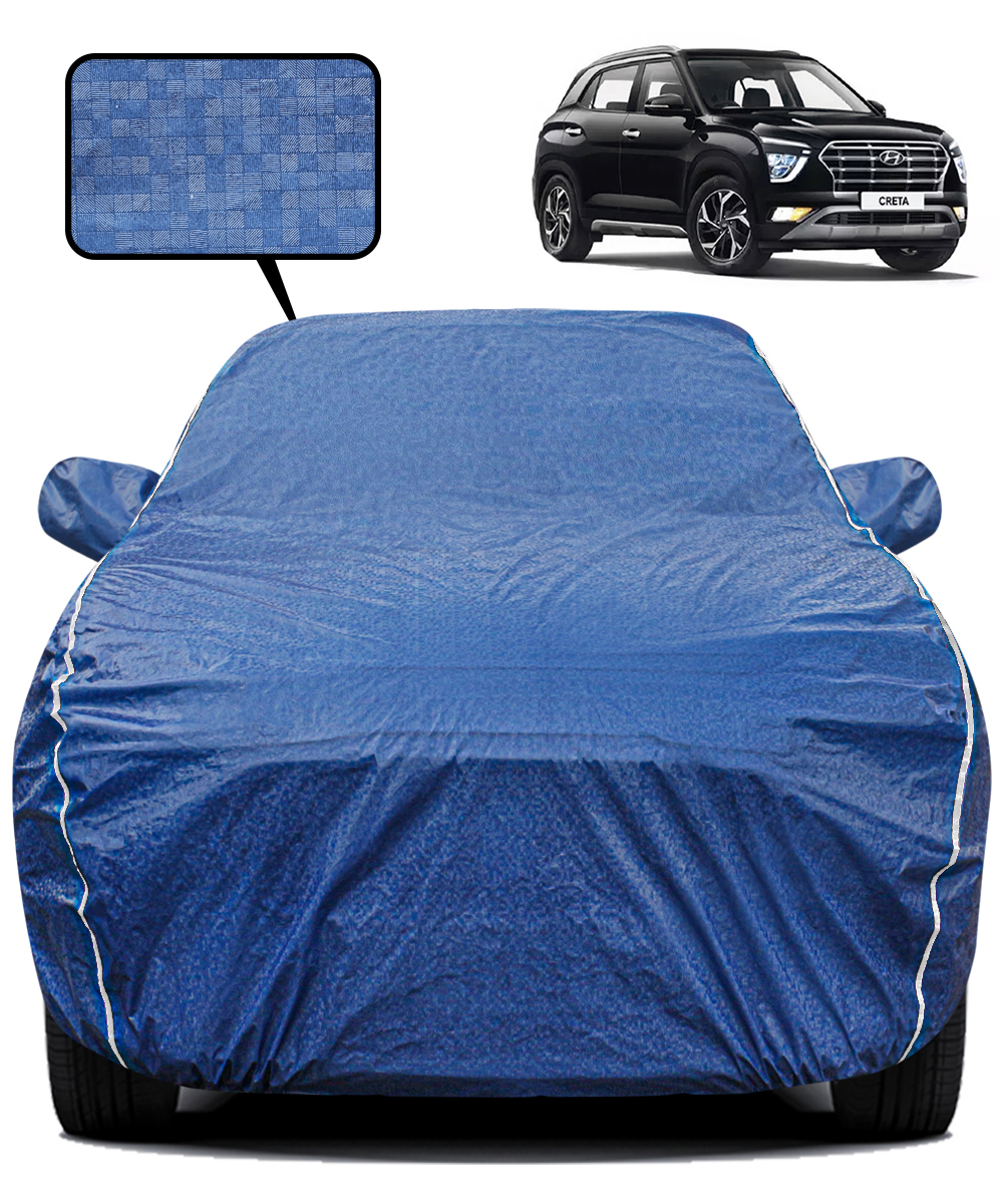 Fabtec Waterproof Car Body Cover for Hyundai Creta New  with Mirror Pocket, Triple Stitched and Soft Cotton Lining (Metallic Blue with White Piping)