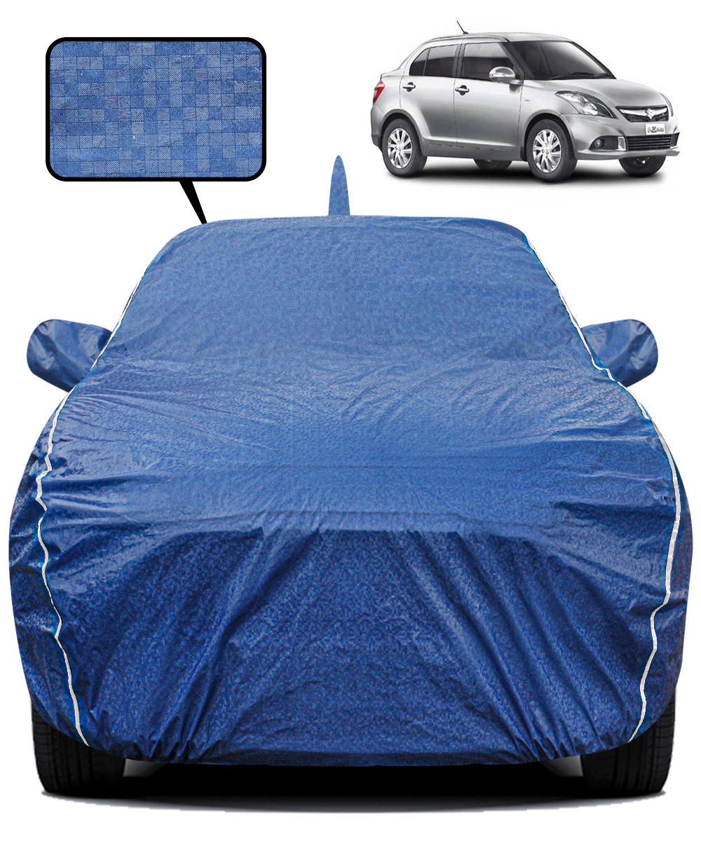 Fabtec Waterproof Car Body Cover for Maruti Suzuki Swift Dzire 2012 with Mirror And Antenna Pocket, Triple Stitched and Soft Cotton Lining (Metallic Blue with White Piping)