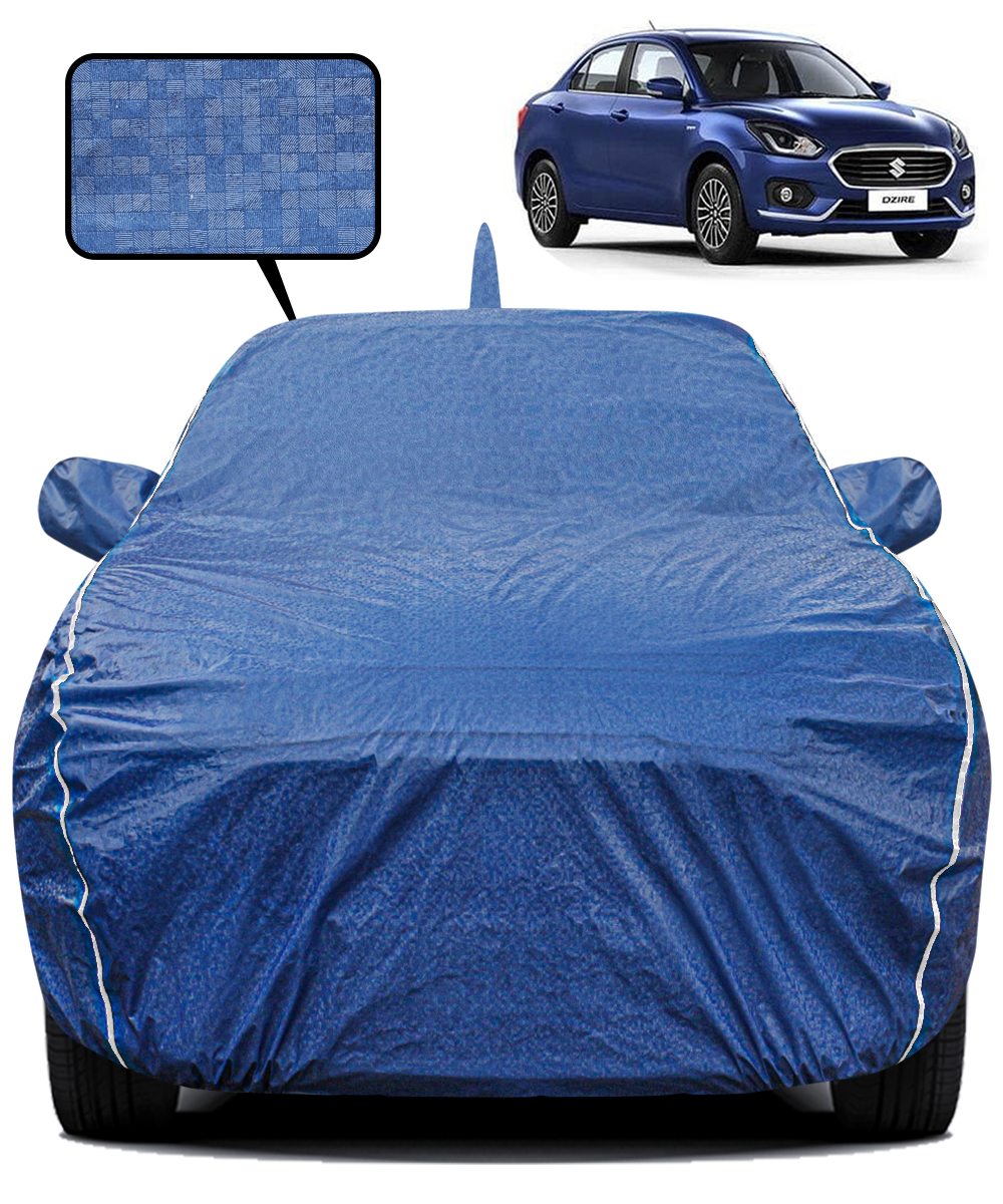 Fabtec Waterproof Car Body Cover for Maruti Suzuki Dzire 2018 with Mirror And Antenna Pocket, Triple Stitched and Soft Cotton Lining (Metallic Blue with White Piping)