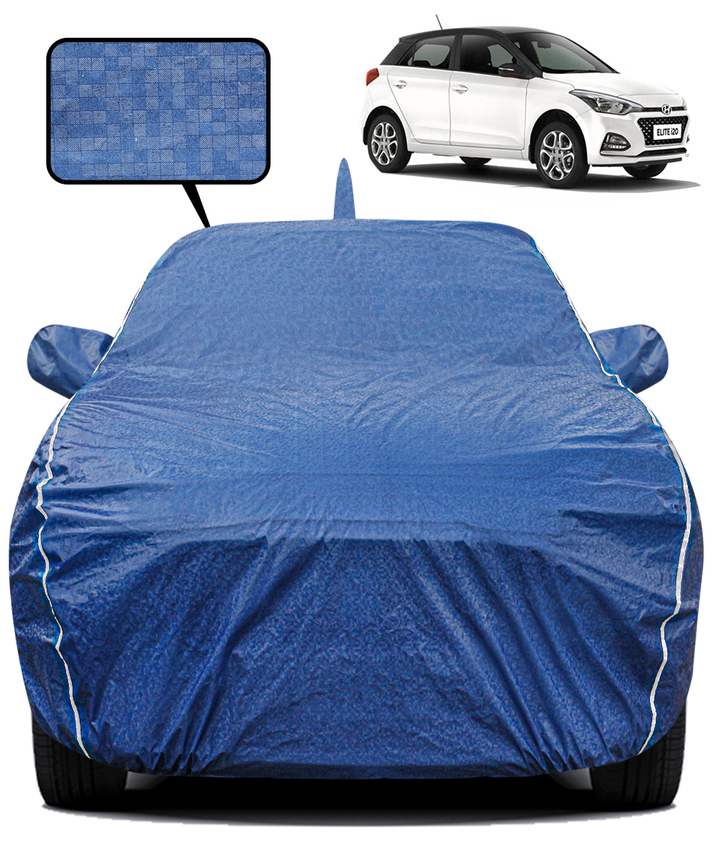 Fabtec Waterproof Car Body Cover for Hyundai Elite I20 with Mirror And Antenna Pocket, Triple Stitched and Soft Cotton Lining (Metallic Blue with White Piping)