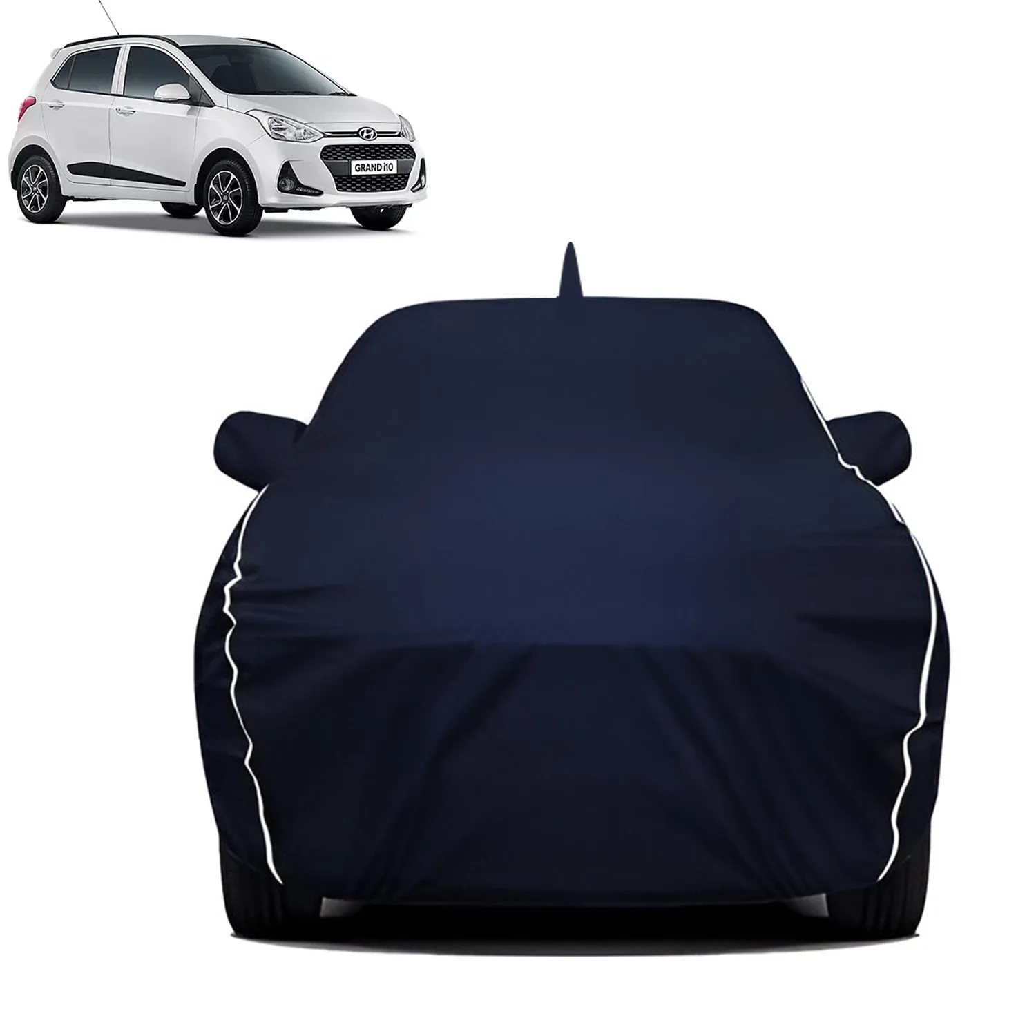 Fabtec Waterproof Car Body Cover for Hyundai Grand I10 with Mirror And Antenna Pocket, Triple Stitched and Soft Cotton Lining (Metallic Blue with White Piping)