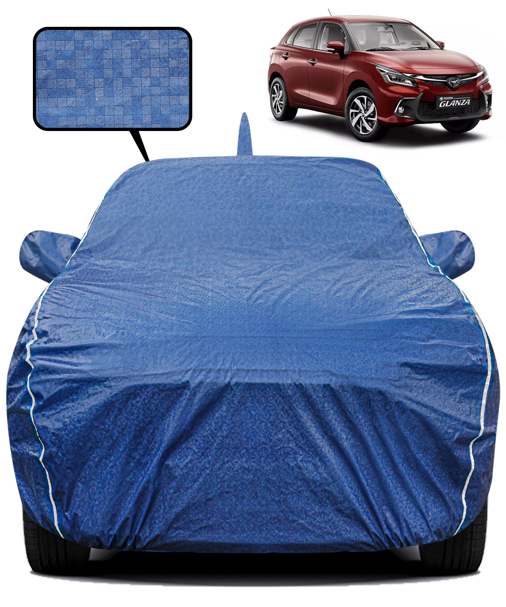 Fabtec Waterproof Car Body Cover for Toyota Glanza New with Mirror And Antenna Pocket, Triple Stitched and Soft Cotton Lining (Metallic Blue with White Piping)