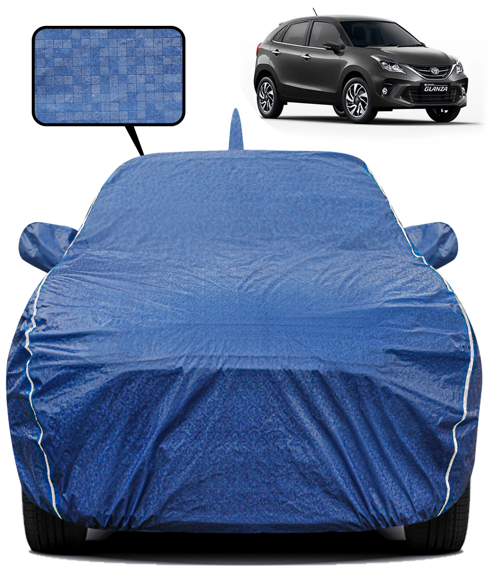 Fabtec Waterproof Car Body Cover for Toyota Glanza Old with Mirror And Antenna Pocket, Triple Stitched and Soft Cotton Lining (Metallic Blue with White Piping)