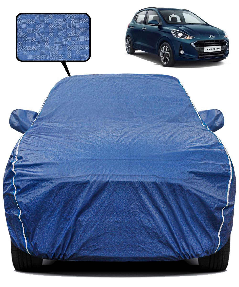 Fabtec Waterproof Car Body Cover for Hyundai Grand Nios  with Mirror Pocket, Triple Stitched and Soft Cotton Lining (Metallic Blue with White Piping)