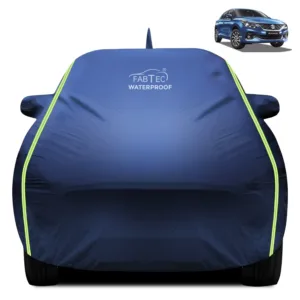 Fabtec Waterproof Car Body Cover for Maruti Suzuki Baleno Old with Mirror And Antenna Pocket, Triple Stitched and Soft Cotton Lining (Metallic Blue with Neon Piping)