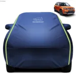 Fabtec Waterproof Car Body Cover for Maruti Suzuki Brezza  with Mirror Pocket, Triple Stitched and Soft Cotton Lining (Metallic Blue with Neon Piping)