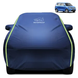 Fabtec Waterproof Car Body Cover for Maruti Suzuki Wagon R  with Mirror And Antenna Pocket, Triple Stitched and Soft Cotton Lining (Metallic Blue with Neon Piping)