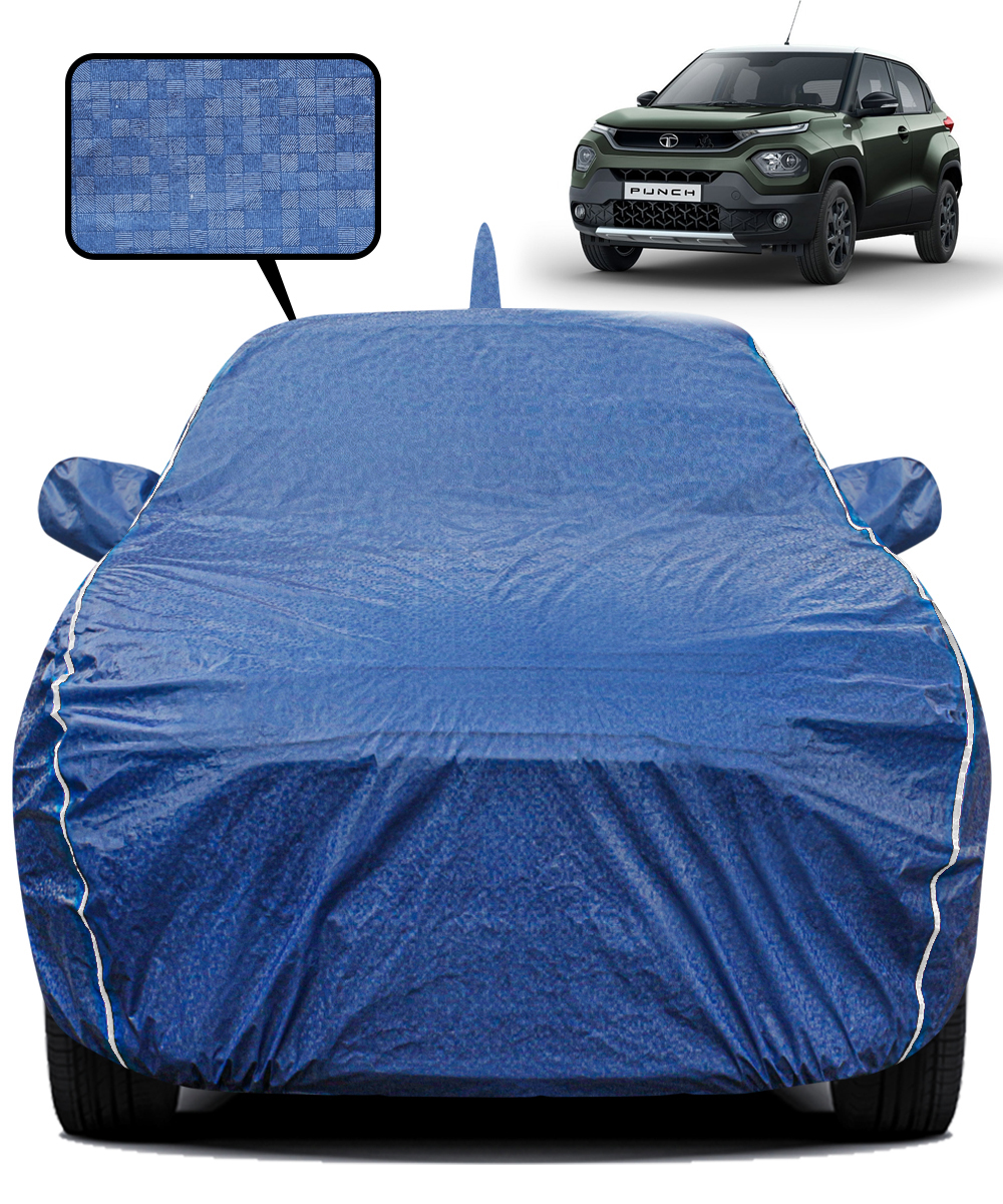 Fabtec Waterproof Car Body Cover for Tata Punch with Mirror And Antenna Pocket, Triple Stitched and Soft Cotton Lining (Metallic Blue with White Piping)
