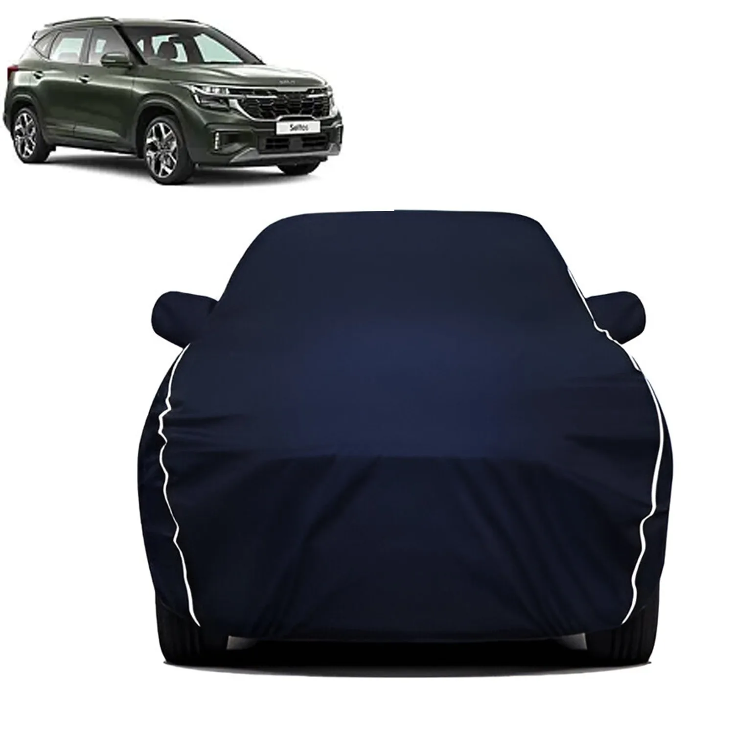 Fabtec Waterproof Car Body Cover for Kia Seltos with Mirror Pocket, Triple Stitched and Soft Cotton Lining (Metallic Blue with White Piping)