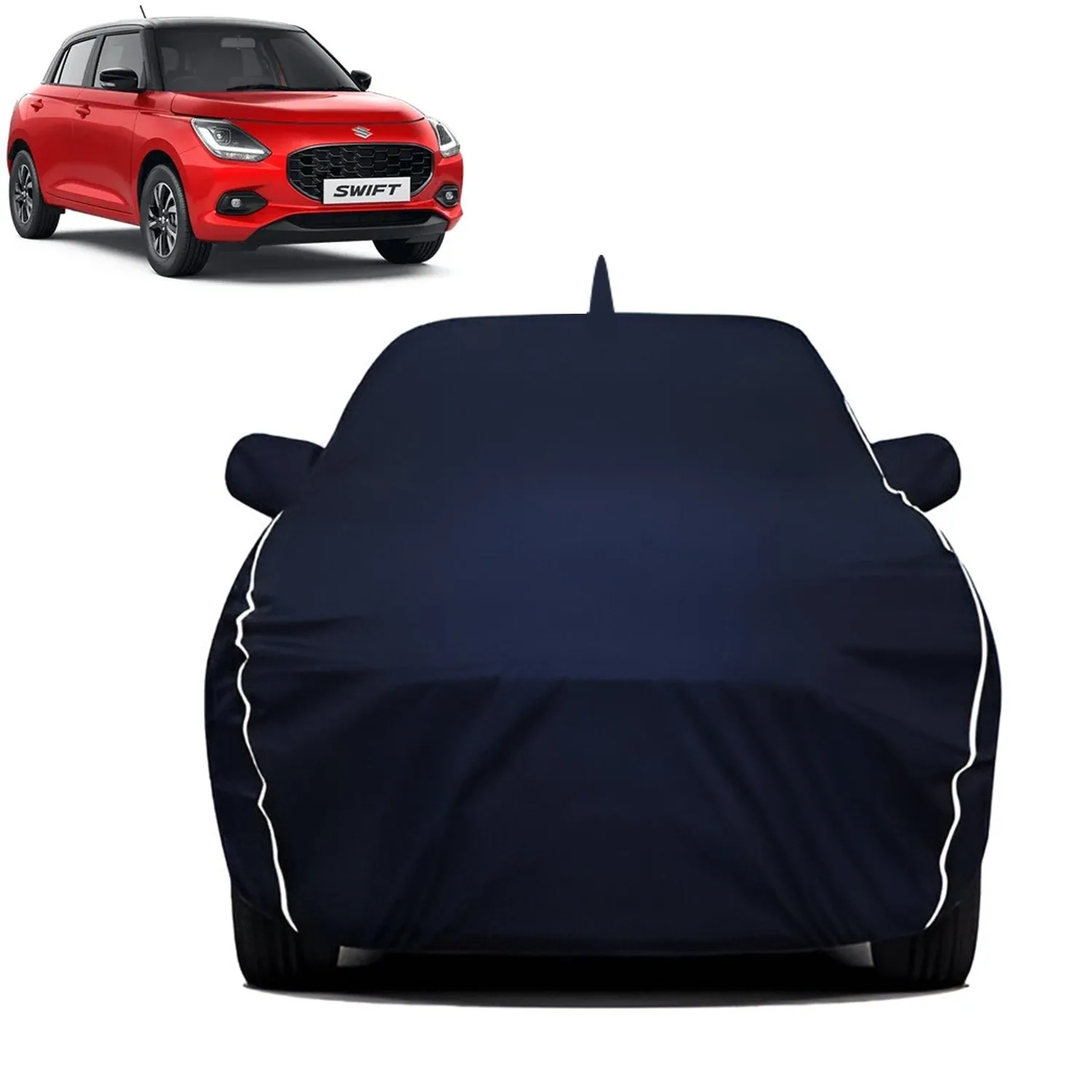 Fabtec Waterproof Car Body Cover for Maruti Swift New with Mirror And Antenna Pocket, Triple Stitched and Soft Cotton Lining (Metallic Blue with White Piping)