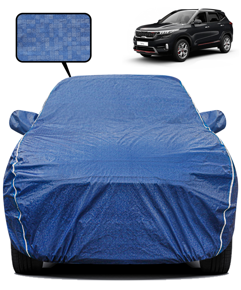 Fabtec Waterproof Car Body Cover for Kia Seltos with Mirror Pocket, Triple Stitched and Soft Cotton Lining (Metallic Blue with White Piping)