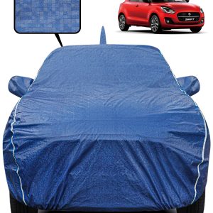 Fabtec Waterproof Car Body Cover for Maruti Swift New with Mirror And Antenna Pocket, Triple Stitched and Soft Cotton Lining (Metallic Blue with White Piping)