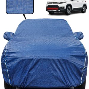 Fabtec Waterproof Car Body Cover for Maruti Suzuki Brezza  with Mirror Pocket, Triple Stitched and Soft Cotton Lining (Metallic Blue with White Piping)