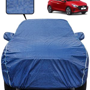 Fabtec Waterproof Car Body Cover for Hyundai I20with Mirror Pocket, Triple Stitched and Soft Cotton Lining (Metallic Blue with White Piping)
