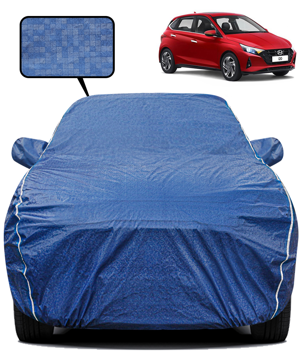 Fabtec Waterproof Car Body Cover for Hyundai I20with Mirror Pocket, Triple Stitched and Soft Cotton Lining (Metallic Blue with White Piping)