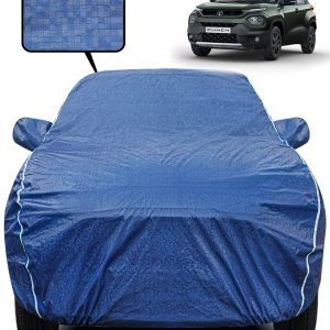 Fabtec Waterproof Car Body Cover for Tata Punch with Mirror Pocket, Triple Stitched and Soft Cotton Lining (Metallic Blue with White Piping)