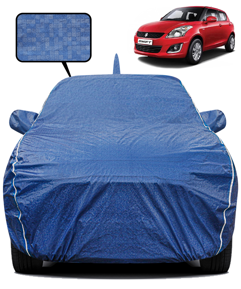 Fabtec Waterproof Car Body Cover for Maruti Suzuki Swift Old with Mirror And Antenna Pocket, Triple Stitched and Soft Cotton Lining (Metallic Blue with White Piping)