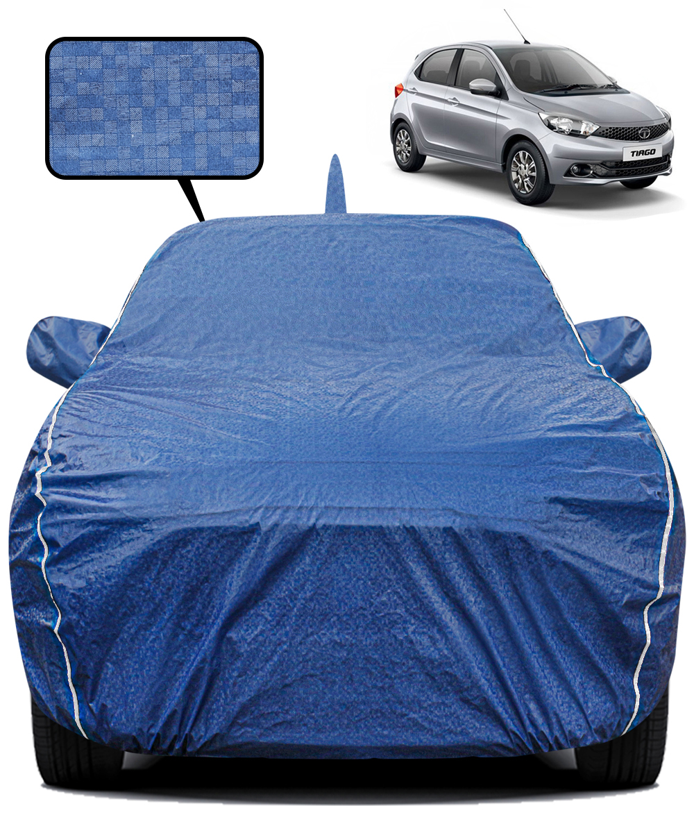 Fabtec Waterproof Car Body Cover for Tata Tiago with Mirror And Antenna Pocket, Triple Stitched and Soft Cotton Lining (Metallic Blue with White Piping)