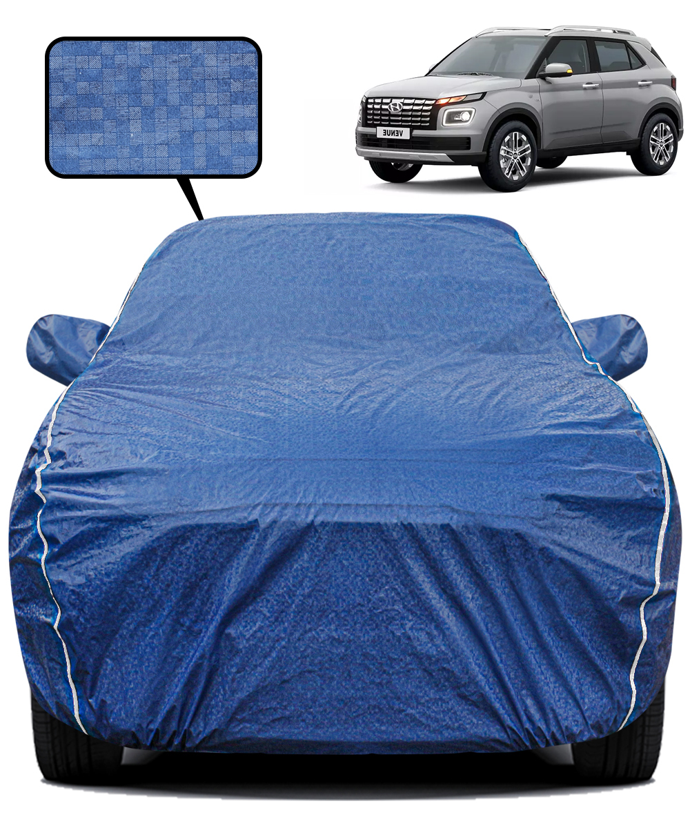 Fabtec Waterproof Car Body Cover for Hyundai Venue with Mirror Pocket, Triple Stitched and Soft Cotton Lining (Metallic Blue with White Piping)
