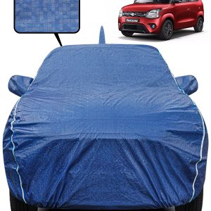 Fabtec Waterproof Car Body Cover for Maruti Suzuki Wagon R  with Mirror And Antenna Pocket, Triple Stitched and Soft Cotton Lining (Metallic Blue with White Piping)
